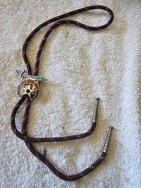 Brown Western Bolo Tie with Turquoise Inlay and Star Concho